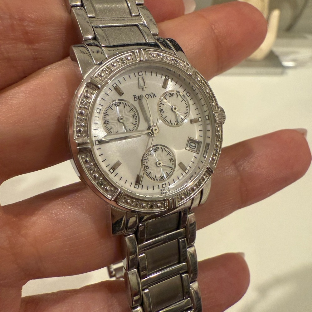 Bulova Silver Chronograph Watch with Crystal Accents
